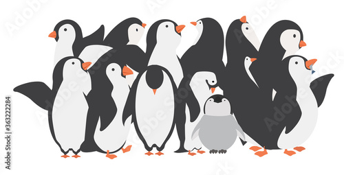 Happy penguin family characters in different poses set