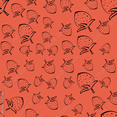 A vector strawberry pattern drawn with a black outline. illustration of a healthy berry sketch-fresh raw strawberries for print, Internet, mobile devices and infographics, on a red background.