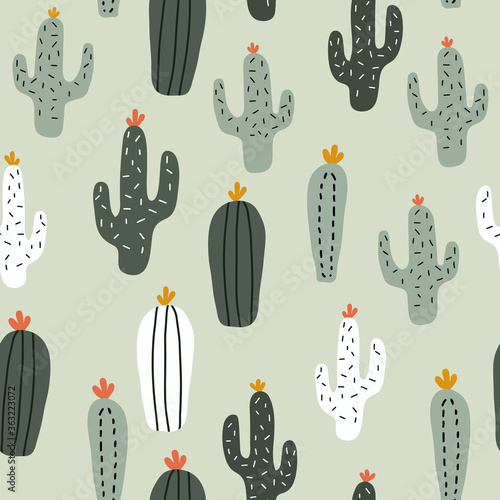 Cute cacti seamless pattern, vector background with hand drawn cacuses, baby shower photo