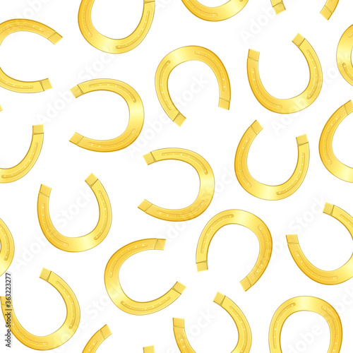 Realistic 3d Detailed Shiny Gold Horseshoe Seamless Pattern Background. Vector