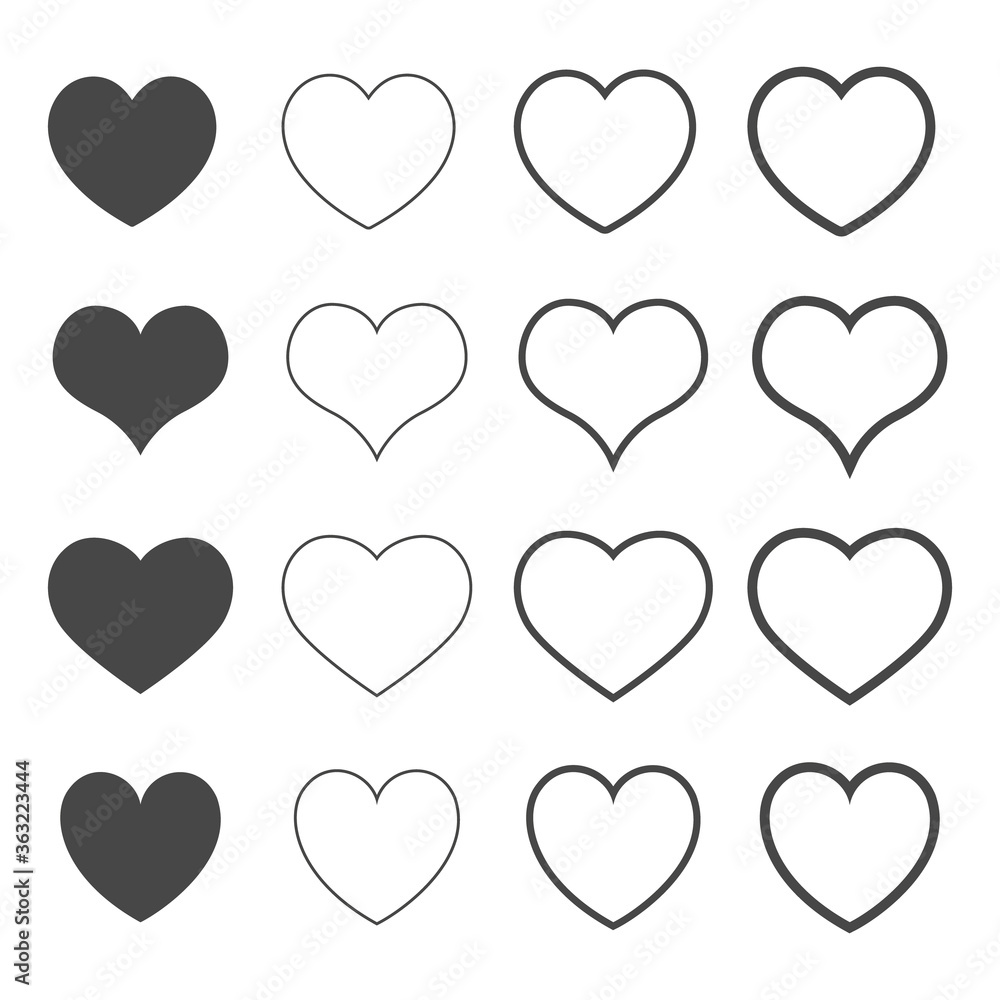 Set of heart icons, love concept isolated on white