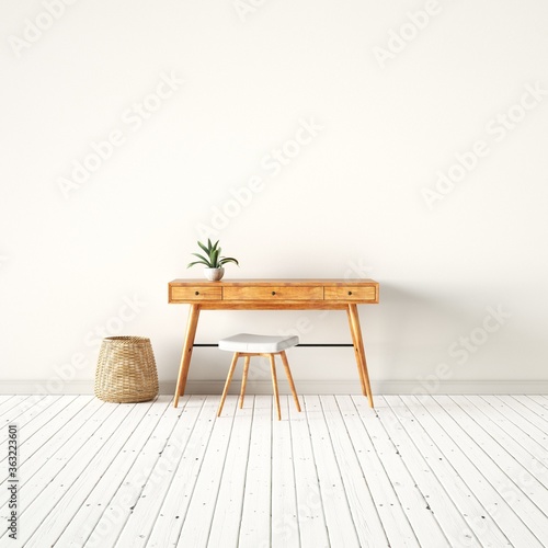 Scandinavian Wooden Work Desk with Empty Walls Mockup