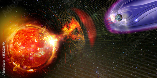 Fototapeta Naklejka Na Ścianę i Meble -  Earth's magnetic field against Sun's solar wind, flow of particles. Element of this image is furnished by NASA