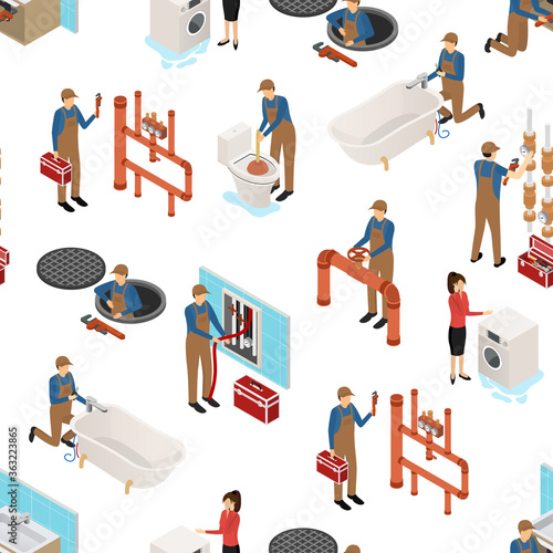 Character Plumber in Uniform Concept Seamless Pattern Background 3d Isometric View. Vector