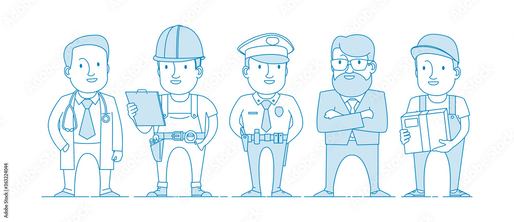 People are different professions. Labor Day. Doctor, builder, policeman, teacher, courier. Illustration in line art style. Vector People are different professions. Labor Day. Doctor, builder, policeman, teacher, courier. Illustration in line art style. Vector
