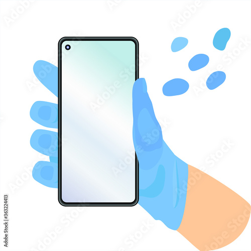 Doctor in blue glove is holding touchscreen smartphone in his hands. Isolated on white background