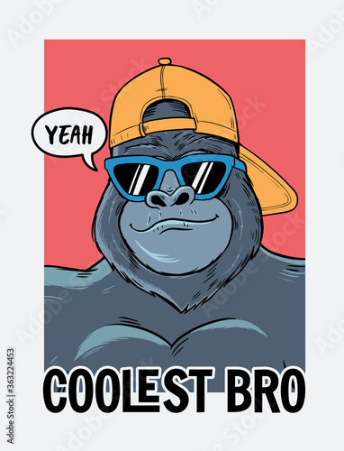 Coolest bro slogan text with the cool gorilla illustration. For t-shirt prints, posters and other uses.