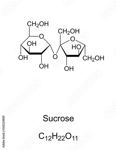 Sucrose, common sugar, chemical structure. Disaccharide composed of the two monosaccharides glucose and fructose. For human consumption it is extracted and refined from sugarcane or sugar beet. Vector