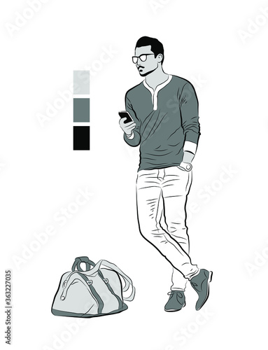 Vector linear illustration of a man. A sketch of a standing man with a phone and a bag.