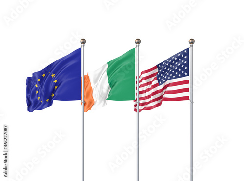 Isolated on white. Three realistic flags of European Union, USA (United States of America) and Iran. 3d illustration.