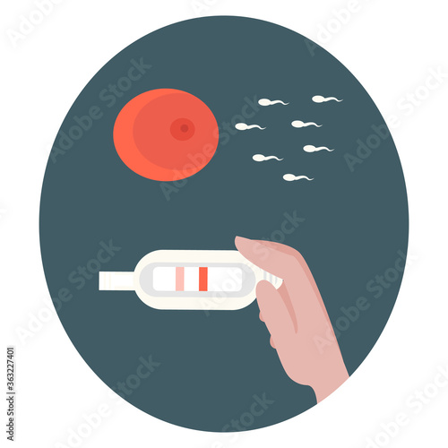 Ovum fertilization concept and conditionally positive pregnancy test in a human hand. For information banners, infographics on the topic of pregnancy, planning, sperm donation, in vitro fertilization.