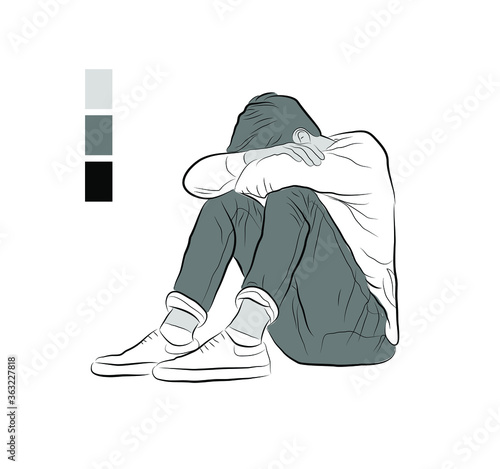 Vector illustration of a sitting boy. Linear image of a human figure. Figure offended boy.