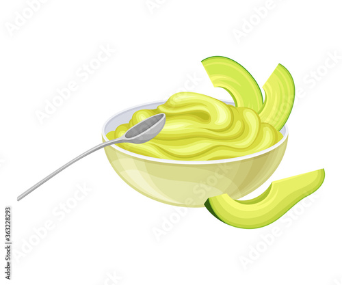 Avocado Paste in Bowl with Slices as Brazilian Cuisine Dish Vector Illustration