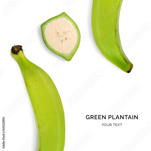 Creative layout made of green plantain on the white background. Flat lay. Food concept. Macro  concept. photo