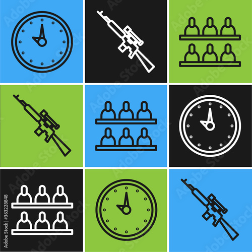 Set line Clock, Jurors and Sniper rifle with scope icon. Vector.