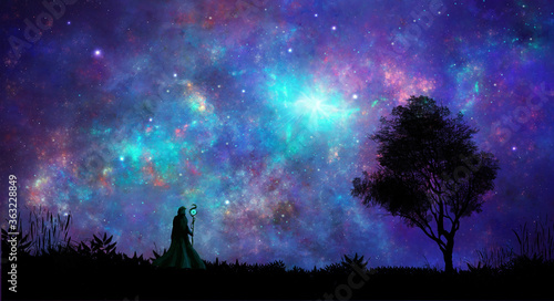 Space scene. Magician standing on landscape silhouette with tree and fractal colorful nebula. Digital painting. Elements furnished by NASA. 3D rendering © Space Creator
