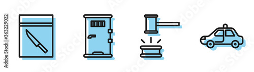 Set line Judge gavel, Evidence bag and knife, Prison cell door and Police car and flasher icon. Vector.