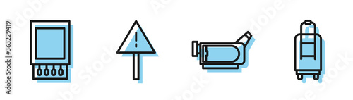 Set line Cinema camera, Open matchbox and matches, Exclamation mark in triangle and Suitcase icon. Vector.