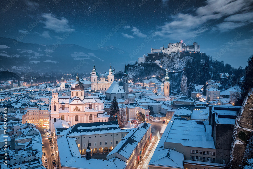 Old town of Salzburg at Christmas time in winter, Austria