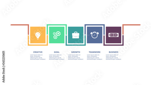 Abstract infographic design template. Vector illustration Abstract diagrams consisting of squares and arrows with 5 steps, options, parts or processes.