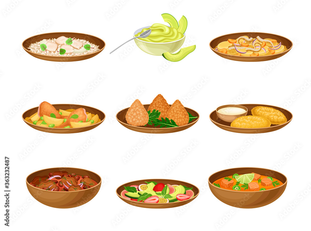 Brazilian Cuisine Dishes with Stewed Beans and Fruit Salad Vector Set