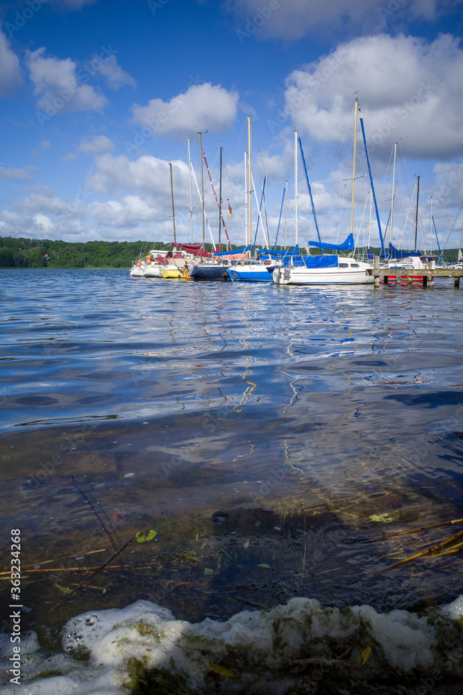 on lake many sailing boats are moored next to each other at a landing stage and the sky is blue with white clouds