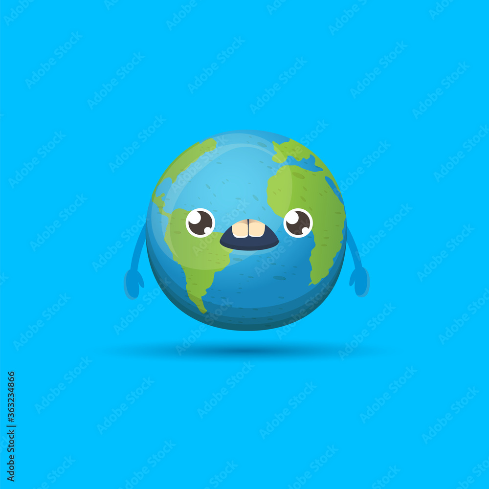 Cartoon cute smiling earth planet character isolated on blue background. Eath day concept design party poster template with funny kawaii earth globe Cartoon cute smiling earth planet character isolated on blue background. Eath day concept design party poster template with funny kawaii earth globe