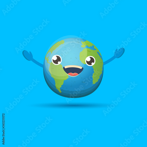 Cartoon cute smiling earth planet character isolated on blue background. Eath day concept design party poster template with funny kawaii earth globe