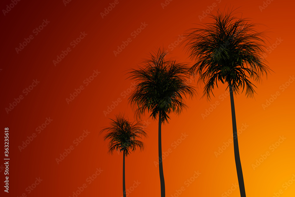 Silhouettes of palm trees on the background of a red sky. 3d rendering illustration. High resolution.