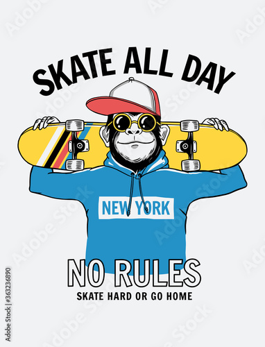 Skate all day slogan text with the cool skater monkey illustration. For t-shirt prints, posters and other uses
