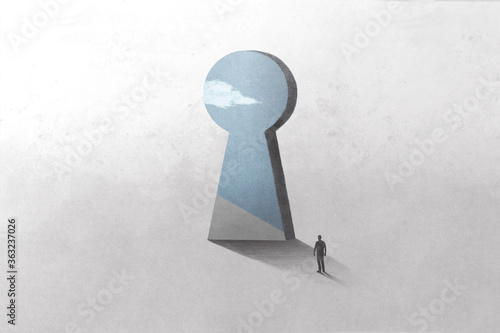 Quadro su tela illustration of key hole shape door, optical illusion surreal concept