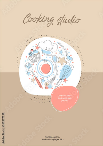 Culinary products and cooking utensils. Cupcakes, plates, spoons, cook hat. Round frame.