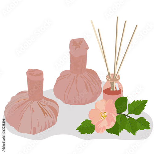 Vector stock illustration of herbal massage bags. Aromatherapy. Banner for a Thai massage salon. Stone therapy. Oriental medicine. Isolated on a white background.