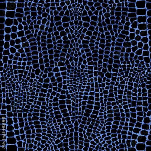 Seamless pattern with crocodile or alligator print. Blue-colored leather skin imitation wallpaper. Animalistic vector background.	