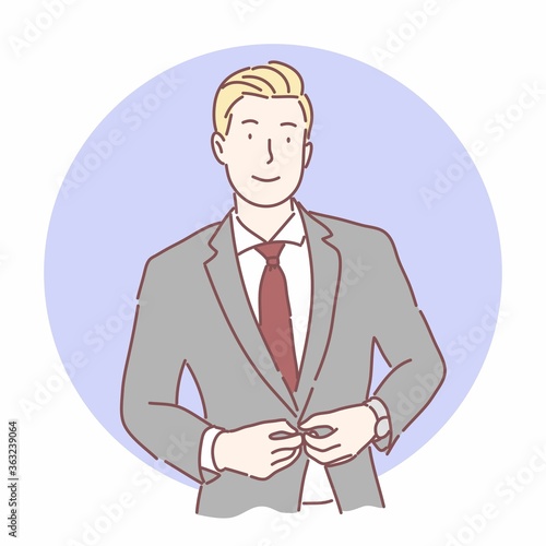 Young business man, smart, cool ,handsome guy in suit concept, Hand drawing character style vector.