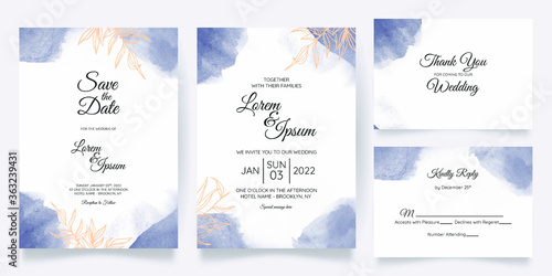 watercolor creamy wedding invitation card template set with golden floral frame