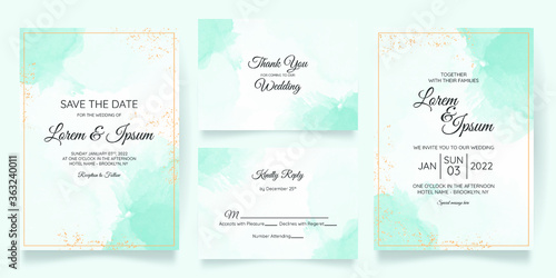 watercolor creamy wedding invitation card template set with golden floral frame