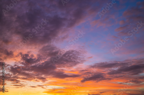 Sky background. Colorful cloudy sky with purle, blue and orange colors. Dramatic sunset. Bali, Indonesia