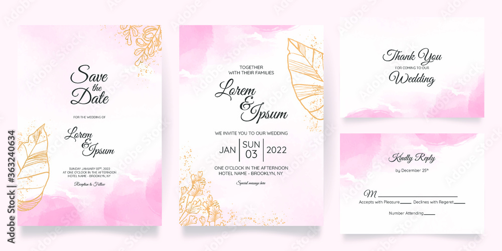Fototapeta premium watercolor creamy wedding invitation card template set with golden floral frame