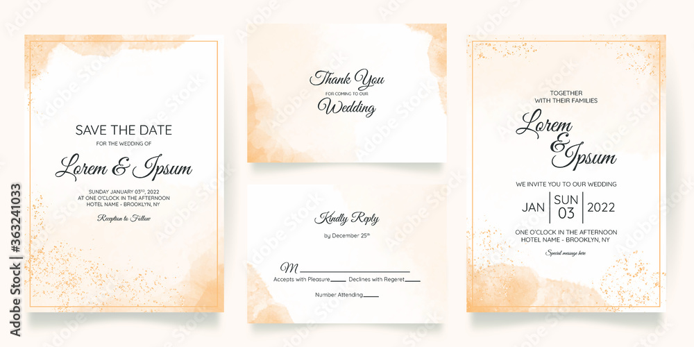 watercolor creamy wedding invitation card template set with golden floral frame