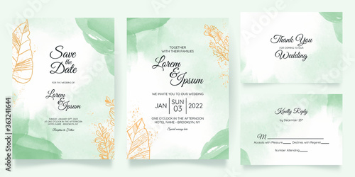 watercolor creamy wedding invitation card template set with golden floral frame