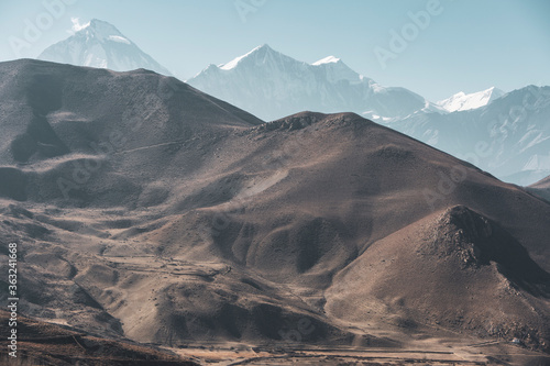 Far away mountains near muktinath temple at mustang, Nepal. Blue sky sunny day.
