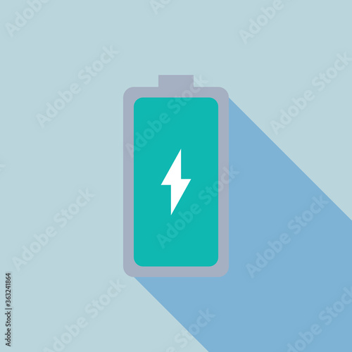 Battery icon vector. Flat design on light blue background.