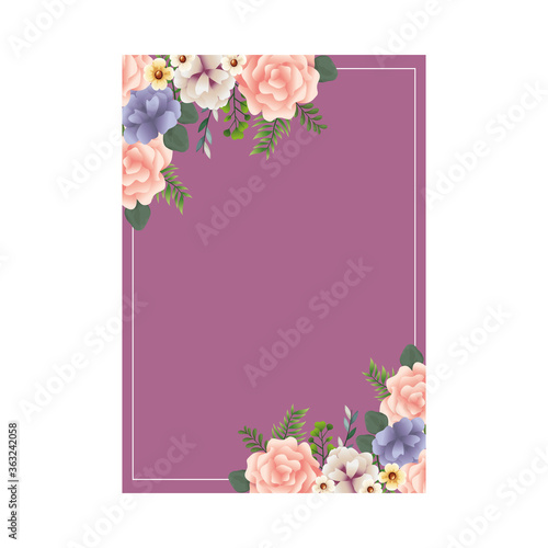 beautiful flowers and leafs decoraive frame with purple background photo