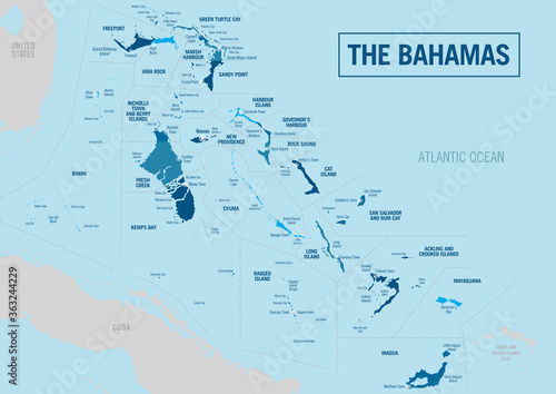 Bahamas Islands country political map. Detailed vector illustration with isolated provinces, islands, regions, departments, states and cities, easy to ungroup.