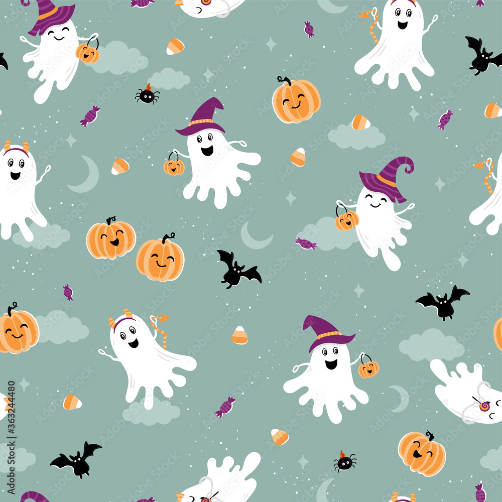 Fun halloween ghost seamless pattern, cute hand drawn background, great for Halloween textiles, wrapping, banners, wallpapers - vector design
