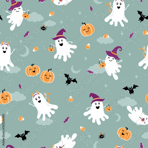 Fun halloween ghost seamless pattern, cute hand drawn background, great for Halloween textiles, wrapping, banners, wallpapers - vector design