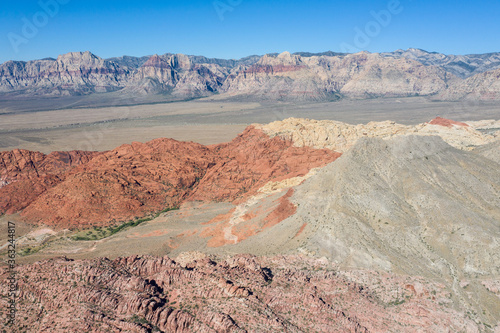 Photography An aerial view shows a beautiful mountain landscape that rises from the desert surrounding Las Vegas, Nevada