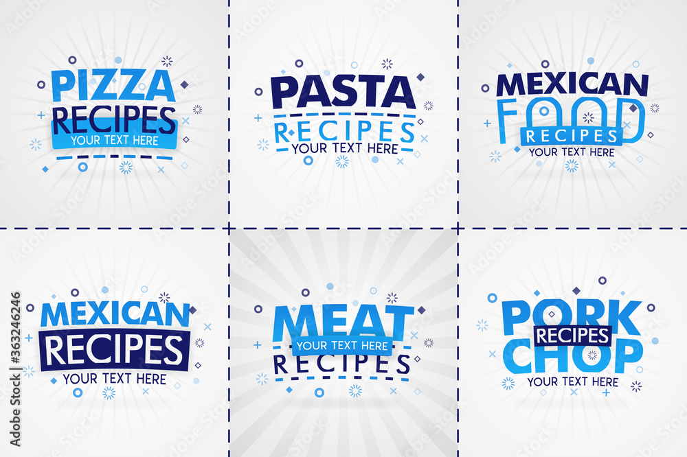 Fototapeta premium Blue cooking book set for food and recipe magazines. Restaurant menu titles or badges for food stores and restaurants. Minimalist design for recipe banners