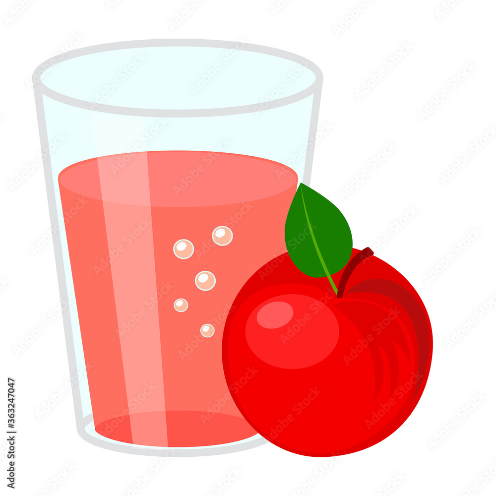 Glass of apple juice and red apple. Simple flat vector illustration isolated on white background. Glass of apple juice and red apple. Simple flat vector illustration isolated on white background.